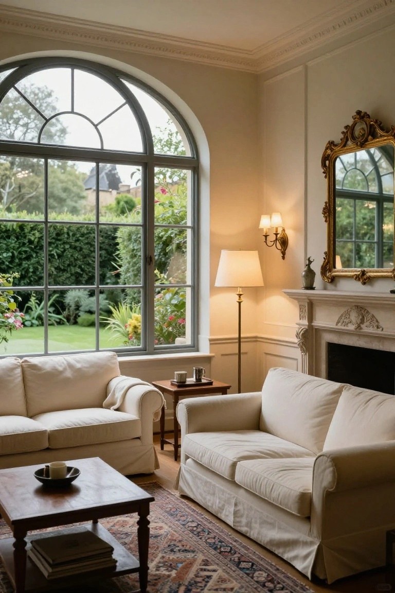 A light beige living room with two cream slipcovered sofas around a wooden coffee table, a floor lamp, gilded mirror above a carved marble fireplace, and large arched multi-pane windows overlooking a green garden with hedges and lawn.