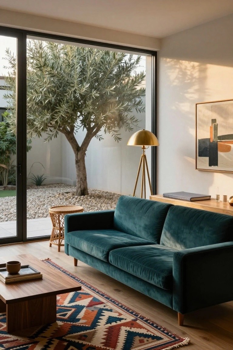 Modern living room with teal sofa, wooden coffee table, and olive tree view.