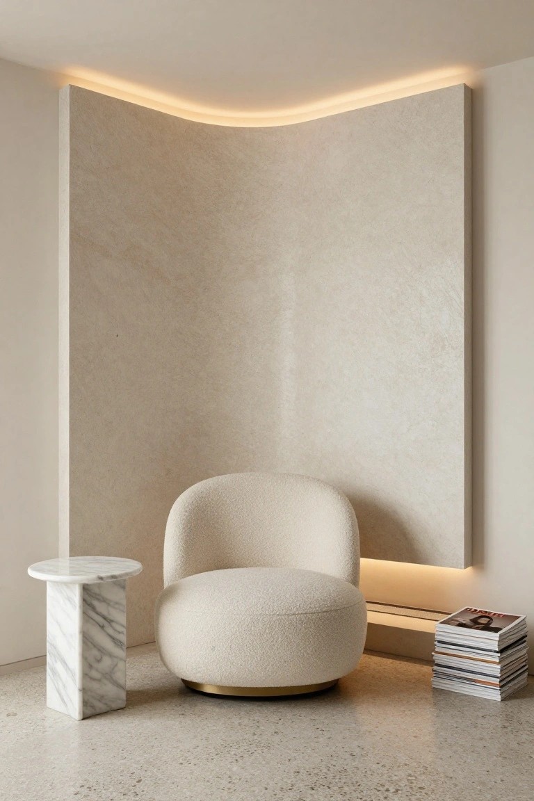 A cream-colored boucle round swivel armchair with gold base sits next to a white marble pedestal side table in a minimalist living room corner, against a large curved textured beige wall with integrated curved LED lighting strip, stack of magazines on the polished concrete floor.