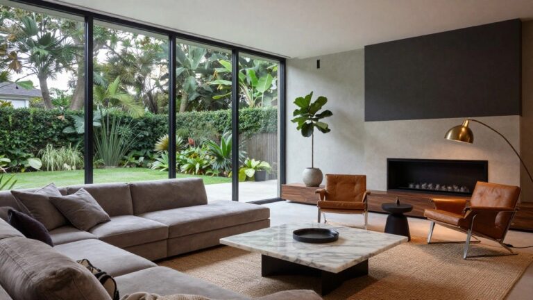 Modern living room featuring a gray sectional sofa, two tan leather armchairs, white marble coffee table, large potted fiddle leaf fig plant next to a wood fireplace, and floor-to-ceiling black-framed glass walls and doors opening to a lush green courtyard garden.