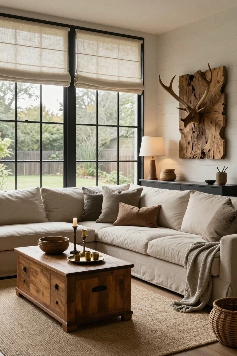 A neutral-toned living room with beige linen corner sofa, wooden trunk coffee table, candles, woven baskets, and large black metal-framed floor-to-ceiling windows overlooking a backyard garden and fence.