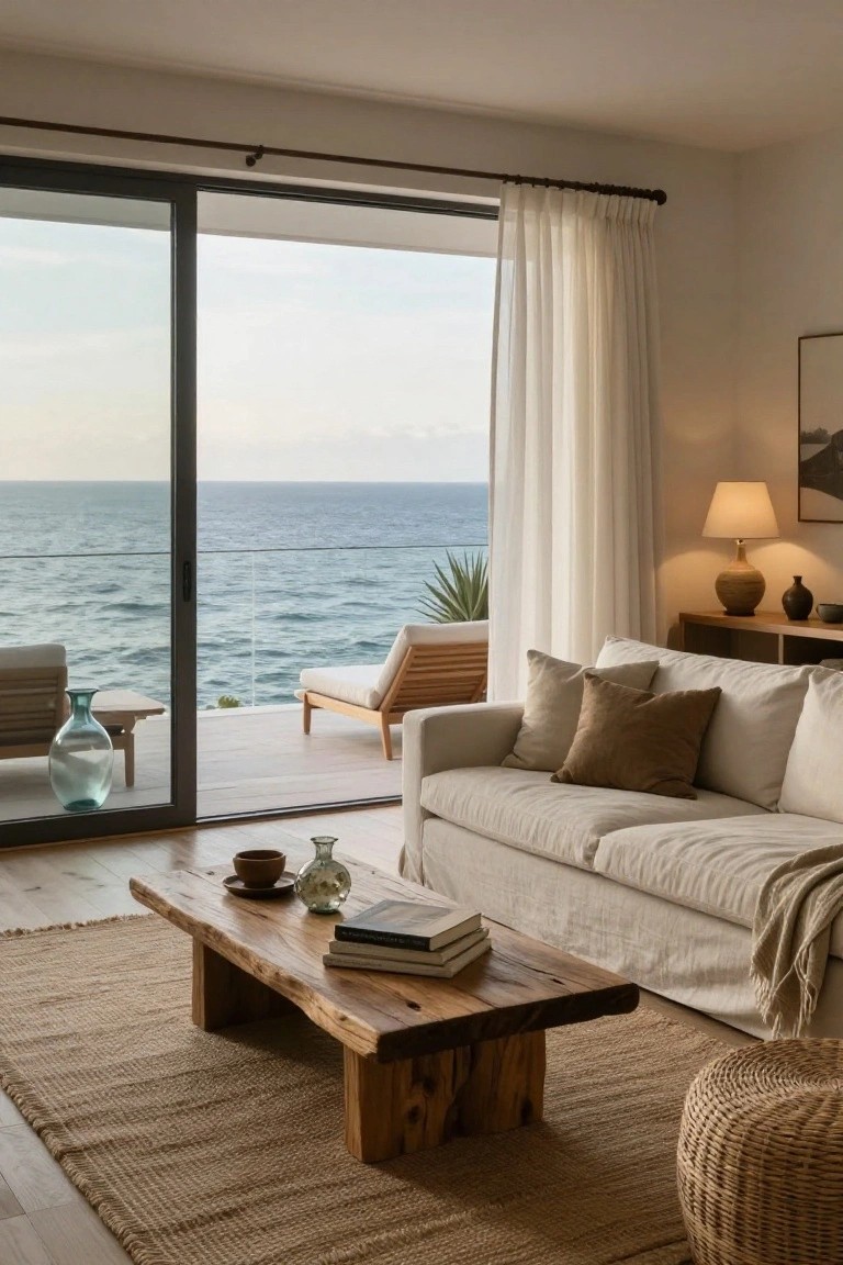 A neutral-toned living room with a floor-to-ceiling sliding glass door open to a balcony overlooking the ocean, featuring a beige linen sofa, live-edge wooden coffee table, rattan pouf, and potted plants.