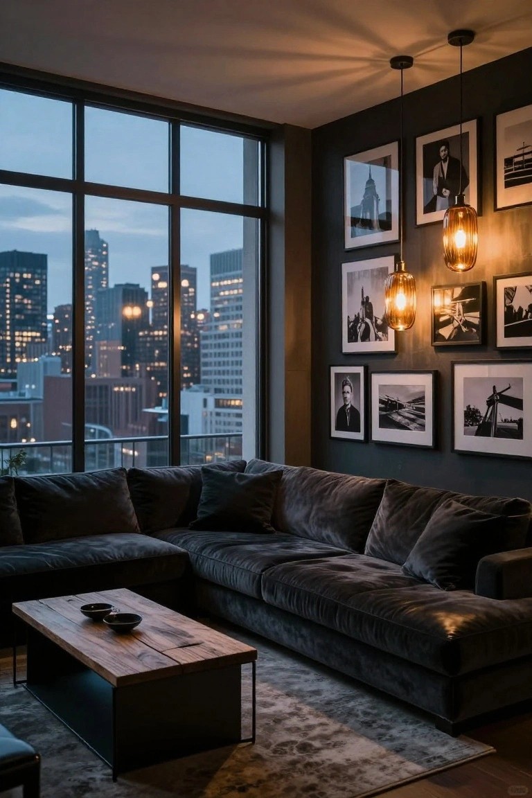 Dark gray living room with L-shaped velvet sofa, wooden coffee table with black bowls, black and white framed photos on wall, pendant lights, and floor-to-ceiling windows showing city skyline at dusk.