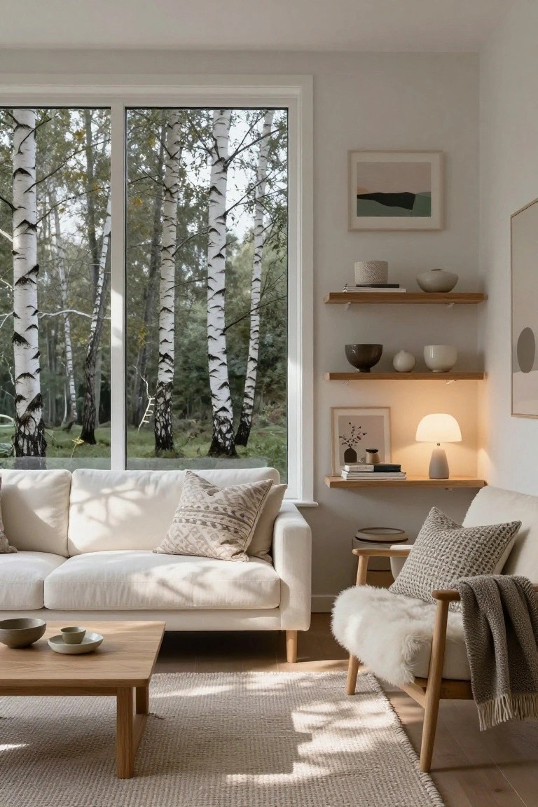 Modern living room featuring a white sofa, wooden coffee table, sheepskin chair, floating oak shelves with pottery and books, and floor-to-ceiling windows overlooking birch trees in a forest.