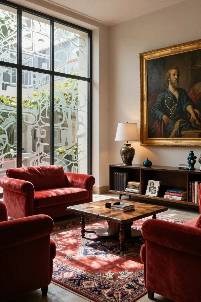 A cozy living room with red velvet armchairs around a wooden coffee table on a red and blue rug, featuring a large frosted glass window wall with plant-like patterns, wooden bookshelf with books and ceramics, and a gold-framed portrait painting.