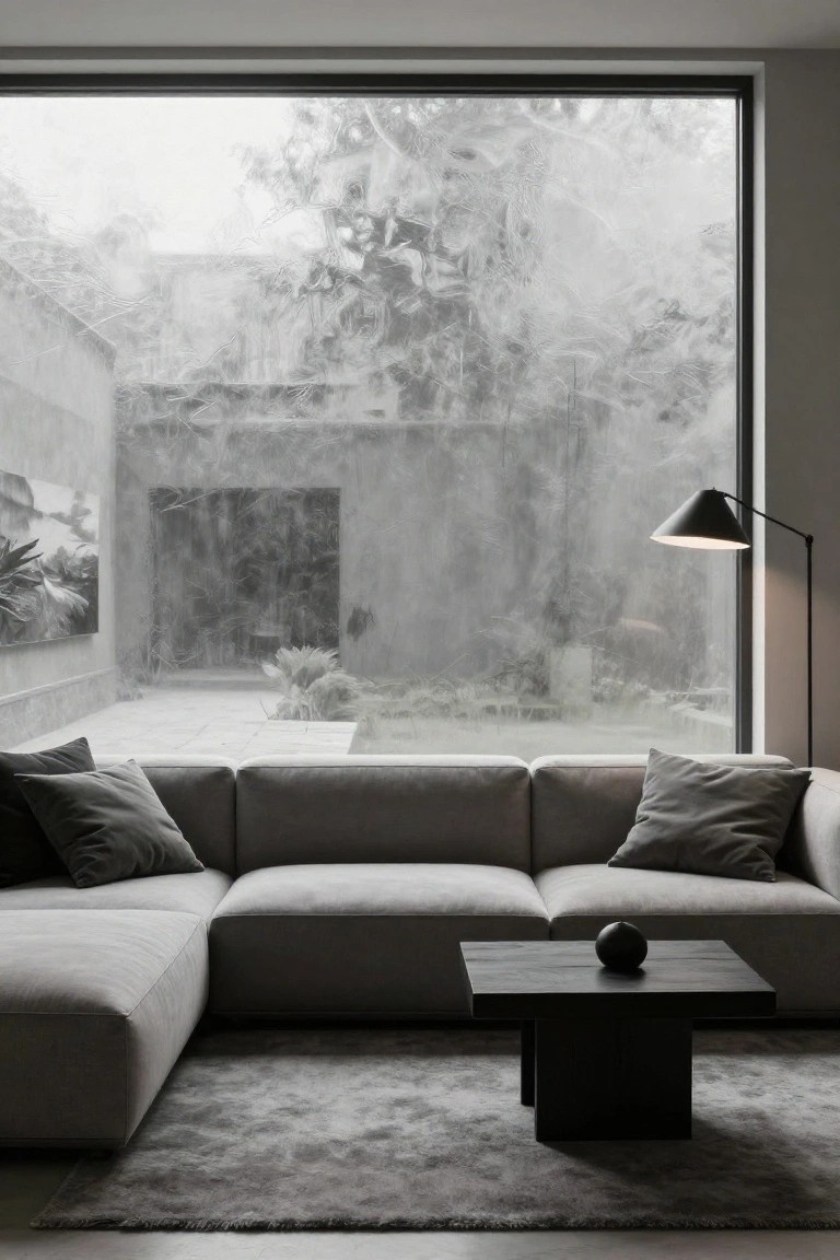 Modern minimalist living room with L-shaped light gray sofa, black wood coffee table holding a black orb, arc lamp, and full-height glass wall overlooking foggy courtyard with plants, stone walls, and abstract art.
