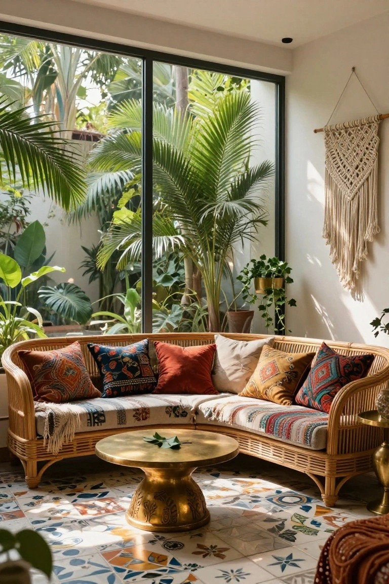 A living room with curved rattan sofa piled with colorful patterned pillows, gold coffee table on multicolored tiled floor, macrame wall hanging, and floor-to-ceiling glass walls overlooking lush tropical garden with palms, monstera plants, and ferns.