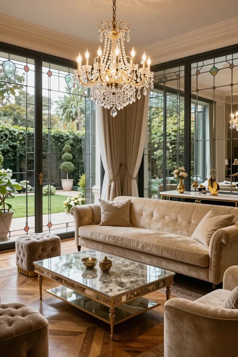 Elegant living room with beige velvet sofa and crystal chandelier.