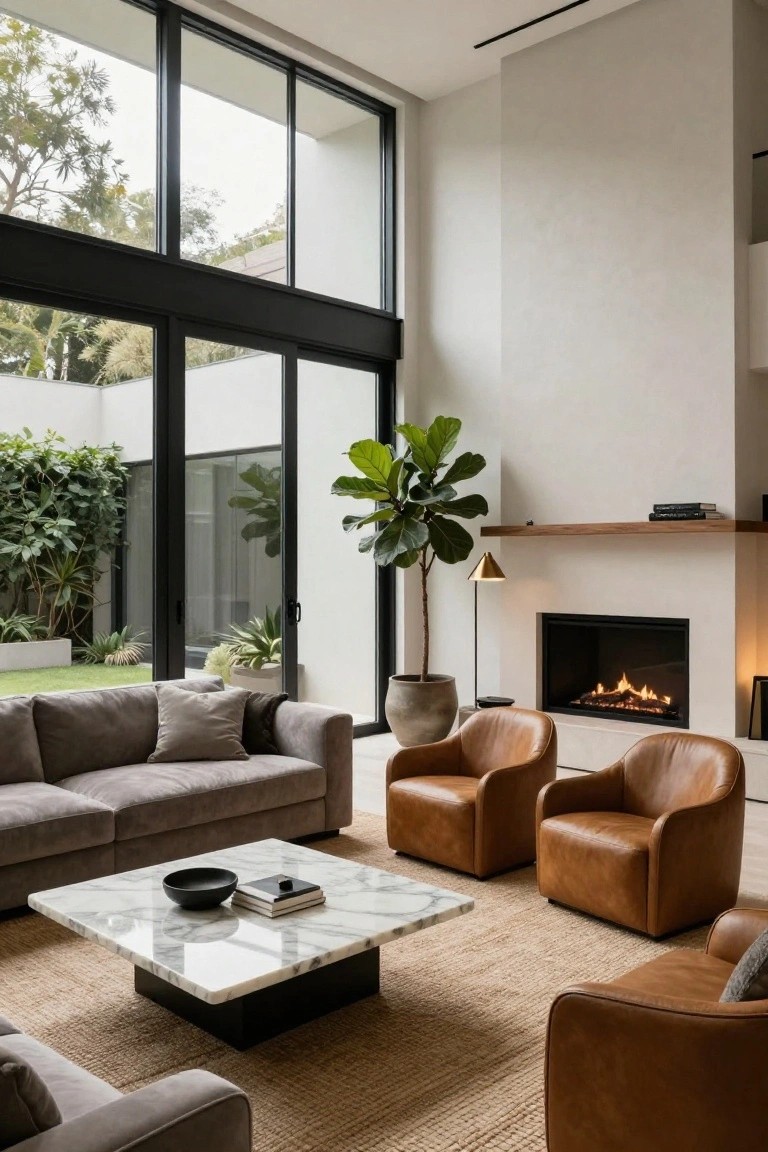 Modern living room featuring a gray sectional sofa, two tan leather armchairs, white marble coffee table, large potted fiddle leaf fig plant next to a wood fireplace, and floor-to-ceiling black-framed glass walls and doors opening to a lush green courtyard garden.