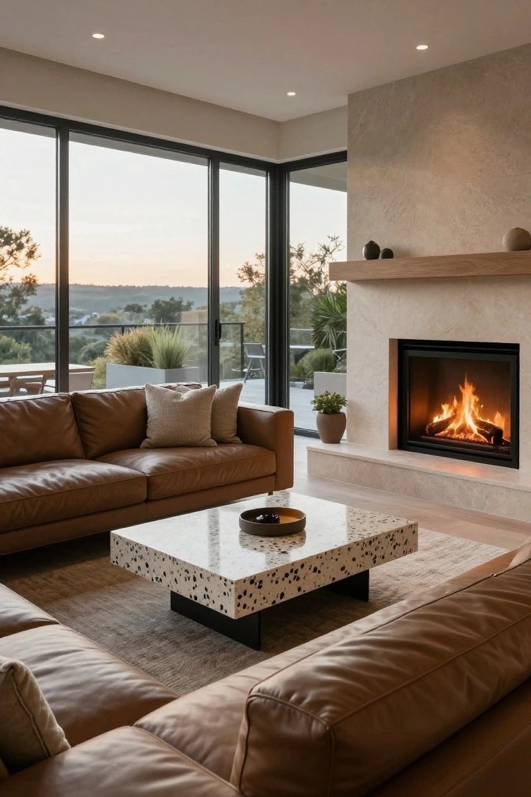 Modern living room featuring brown leather sofas, a white terrazzo coffee table, beige stone fireplace with burning logs, and full-height black-framed glass walls overlooking a sunset landscape with hills and plants.