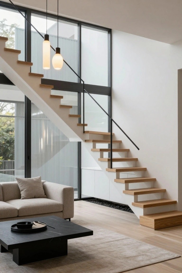 Modern living room with floating oak staircase featuring black metal railings adjacent to large glass walls and sliding doors overlooking trees, a beige sofa with pillows, black marble coffee table, and light wood flooring.
