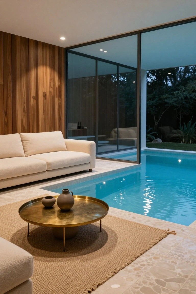 Modern living room featuring a light cream sofa, wooden slat wall, brass coffee table with ceramic vases, seagrass rug, and floor-to-ceiling glass walls adjacent to a lit turquoise pool at night.