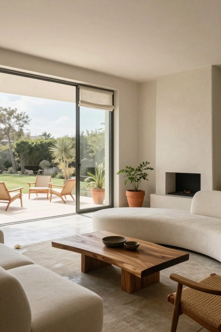 Modern living room featuring a curved white sofa, low wooden coffee table with ceramic bowls, rattan chairs, potted plants, a fireplace, and large glass sliding doors opening to a garden patio with additional chairs and landscaping.