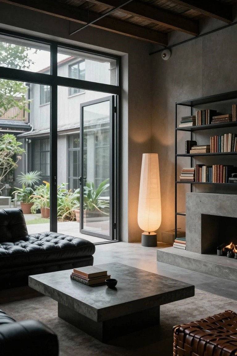 Modern living room featuring black leather sofa, concrete coffee table with books, metal bookshelves, tall white lamp, concrete fireplace, and large sliding glass doors open to a tropical garden courtyard.