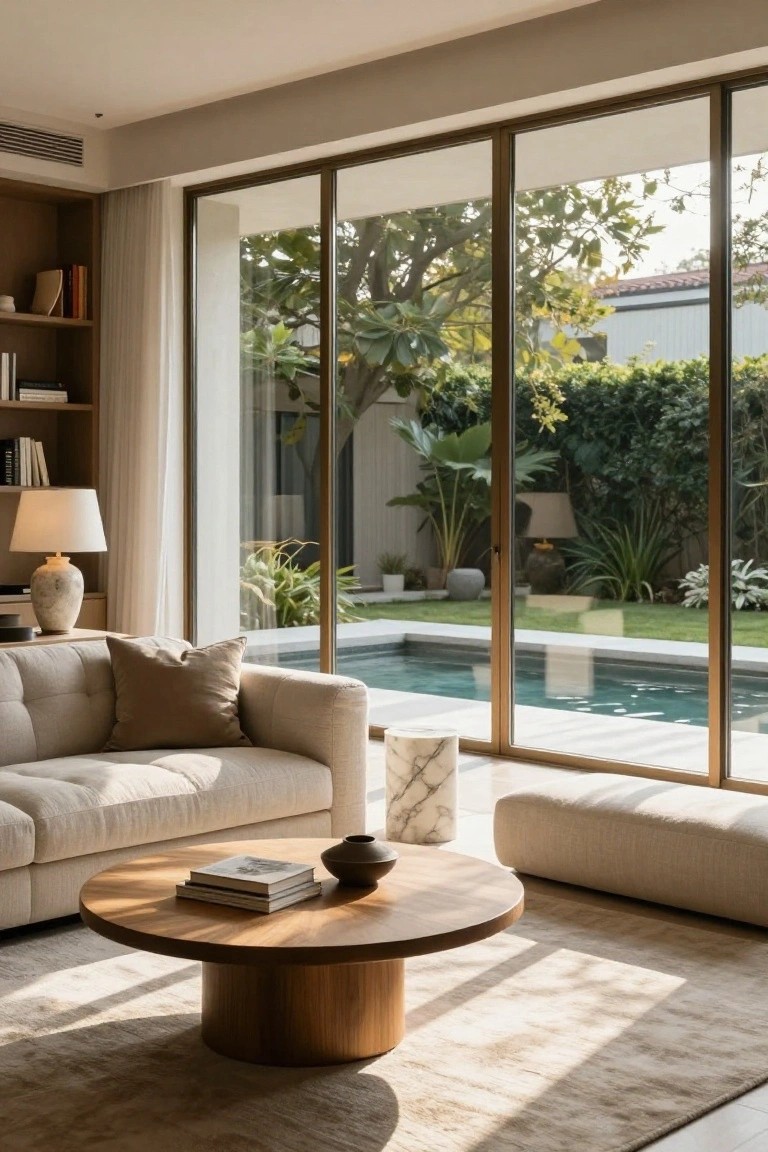 Modern living room with beige sofa, wooden coffee table, marble side table, bookshelves, and large sliding bronze-framed glass doors opening to a pool surrounded by tropical plants and garden.