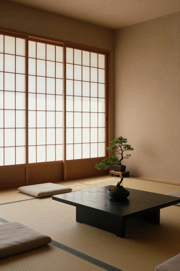 Minimalist living room with tatami mat floor, beige floor cushions, black square low table holding a moss bowl, bonsai tree on wooden stand near beige wall, and large multi-panel shoji screens with wooden frames along one wall.