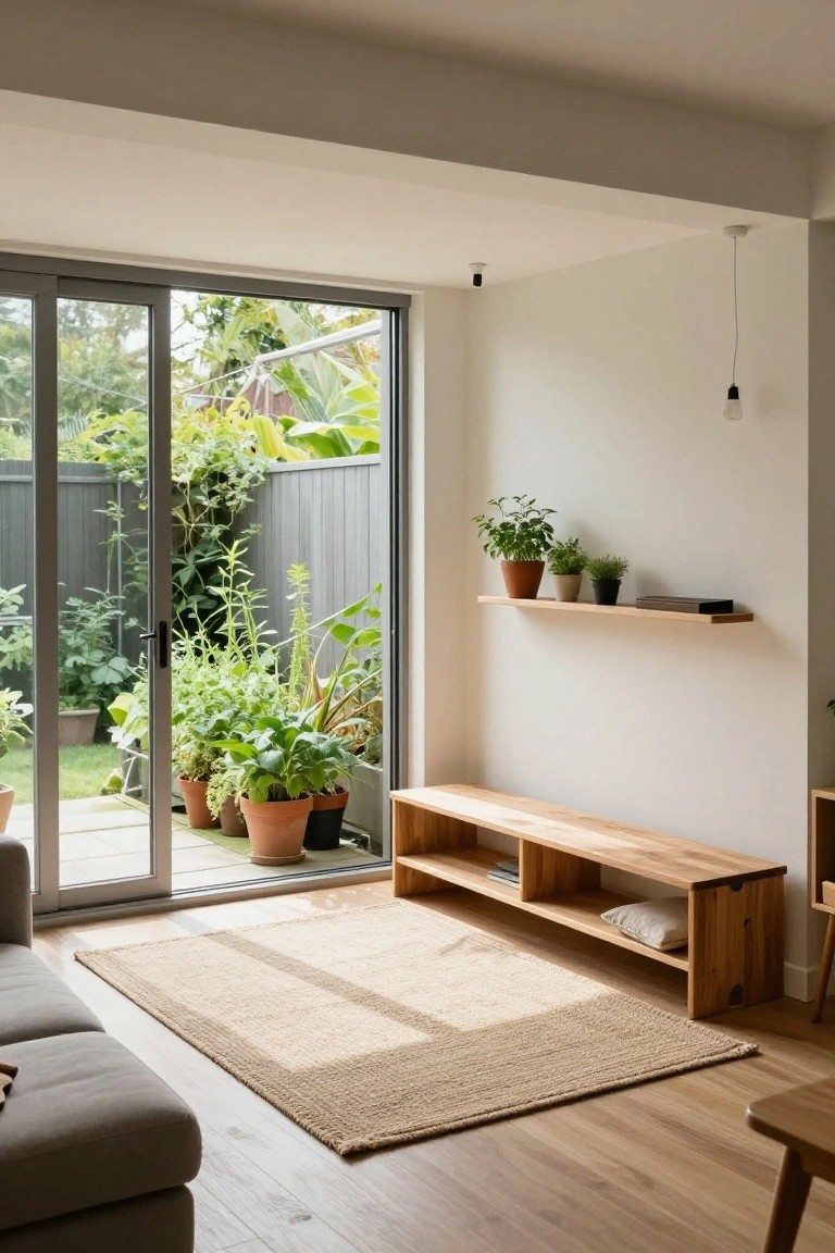 Modern living room interior with full-height sliding glass doors to a garden, wooden bench with storage and cushion along the wall, potted plants on shelves, beige rug, and gray sofa.