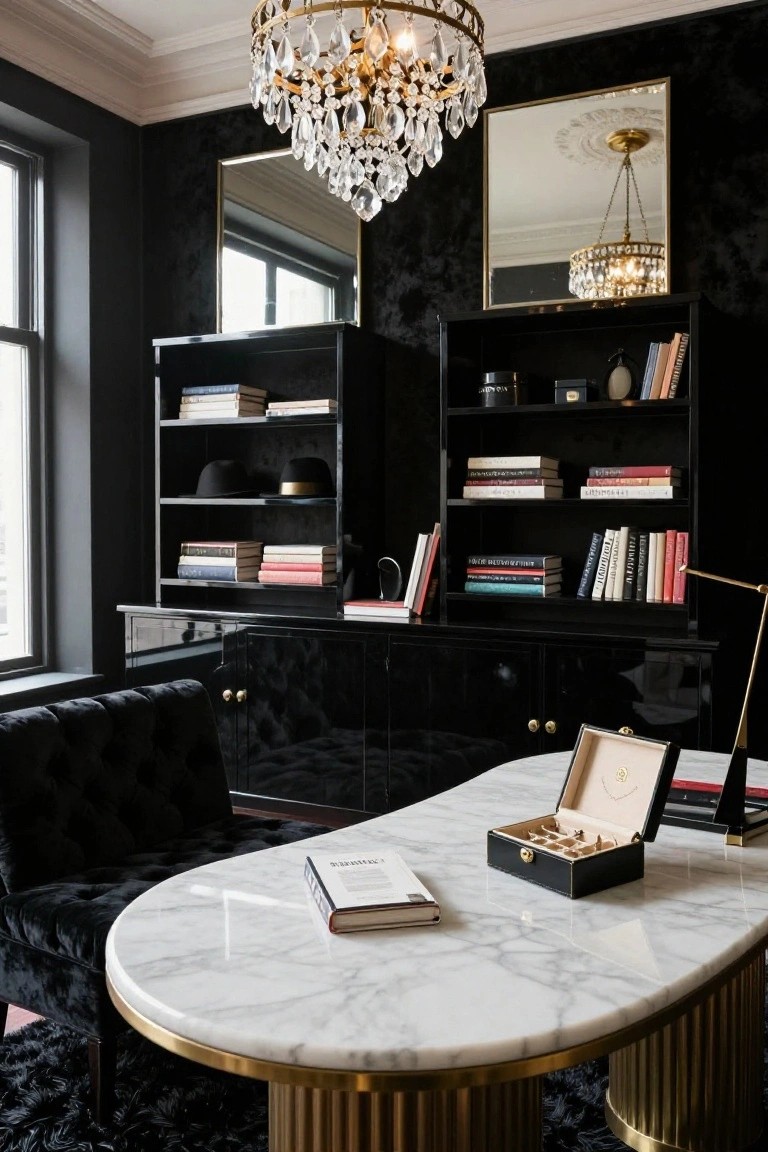 A home office with black patterned walls, black lacquered bookshelves and cabinets filled with books and hats, a tufted black velvet chair, an oval white marble desk with brass pedestal legs and base, open black cigar box on desk, brass chandelier, and gold-framed mirrors.
