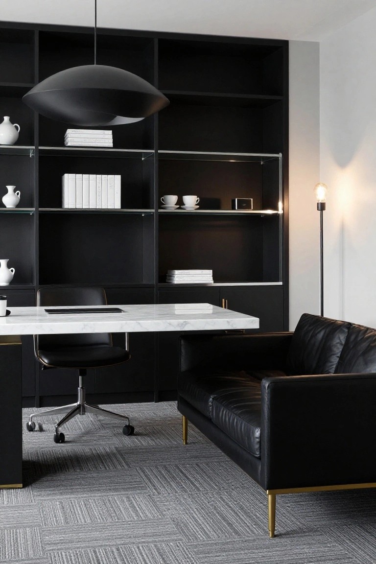 Modern home office interior with tall black built-in shelving holding books, white ceramics, and stacked papers, a white marble desk with black leather swivel chair, black leather sofa, and floor lamp on gray carpet.