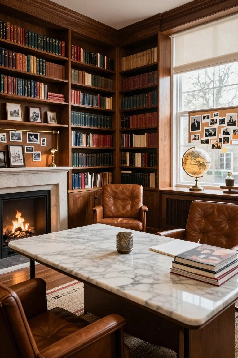 Wood-paneled home office corner with floor-to-ceiling bookshelves, marble desk, two leather armchairs, lit fireplace, globe on windowsill, and framed photos on shelves.
