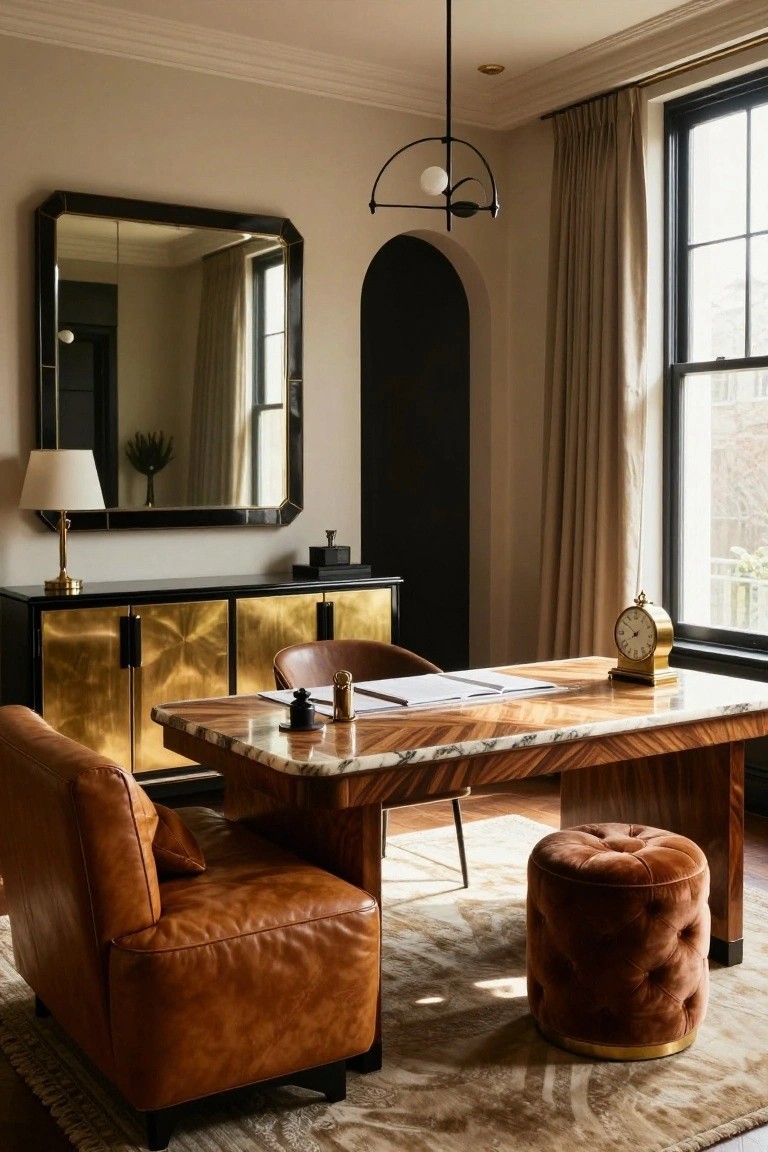 Home office with a black and brass credenza beside a wood desk topped in marble, brown leather armchair, gold clock, and large black-framed mirror against beige walls with a curved black archway.