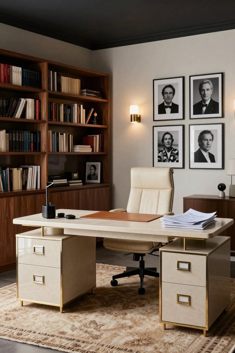 Home office interior with floor-to-ceiling wooden bookshelves filled with books, a large rectangular desk in beige lacquer with brass legs and drawer fronts, a beige leather desk chair, framed black-and-white portraits on walls, and a woven rug on the floor.