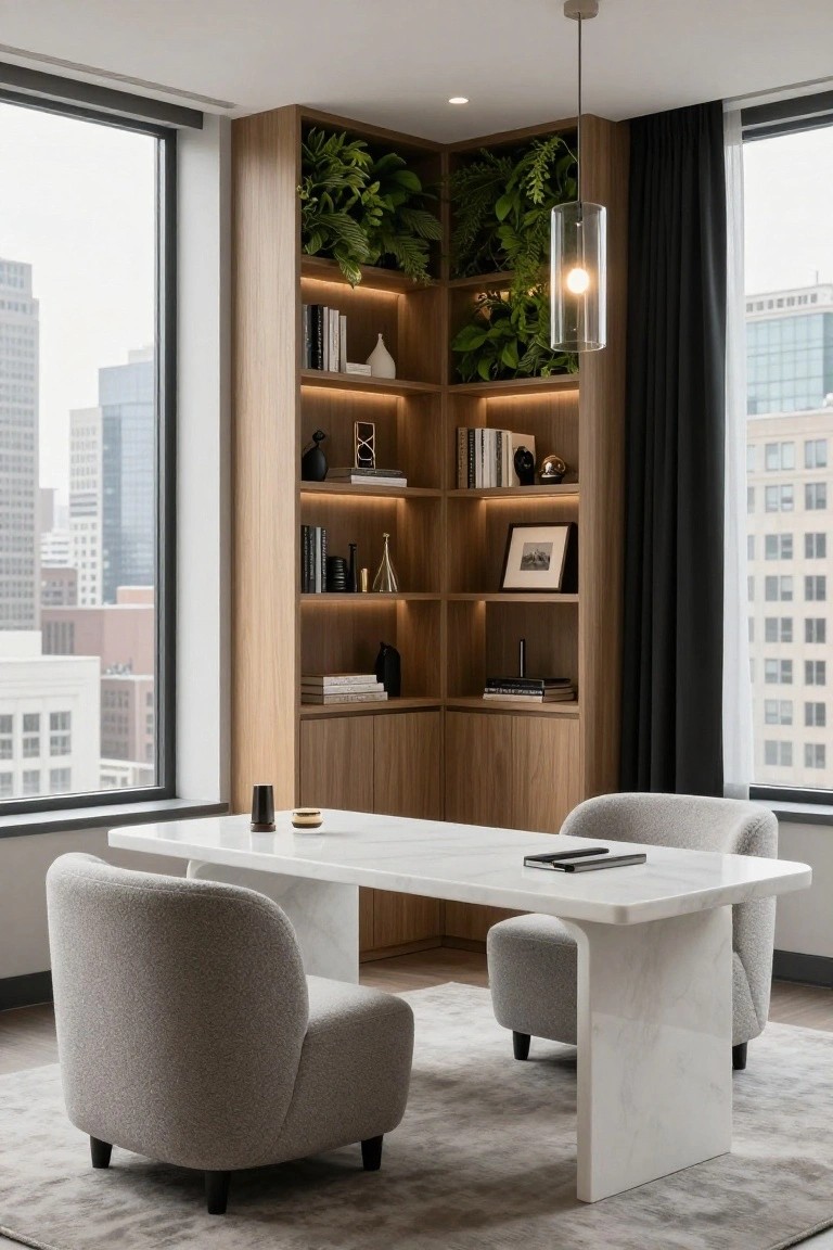 Modern office room with L-shaped wooden corner shelving unit containing books, vases, decor, and potted plants, illuminated by built-in lights, white marble desk, two gray upholstered chairs, large windows with city view, and black curtains.