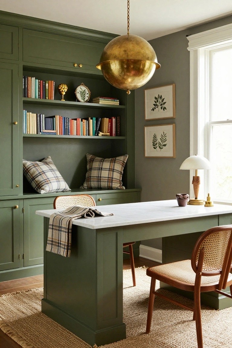 Home office with deep green built-in cabinets and open shelving surrounding a white marble-topped desk, rattan chairs, books on shelves, plaid pillows, and a gold orb pendant light.