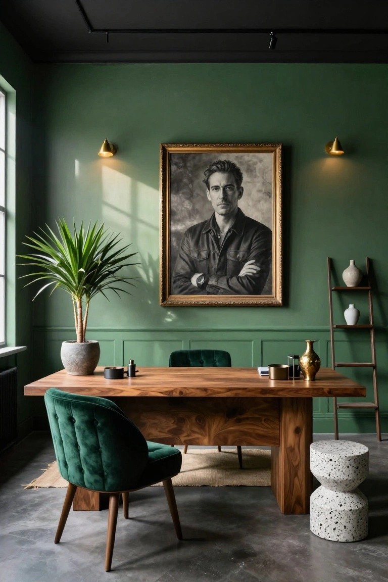 Home office interior with deep green paneled walls, large rectangular walnut desk, tufted emerald green velvet chair, potted yucca plant, wooden ladder shelf holding ceramic vases, brass wall sconces, and a large framed black-and-white portrait of a man on the wall.