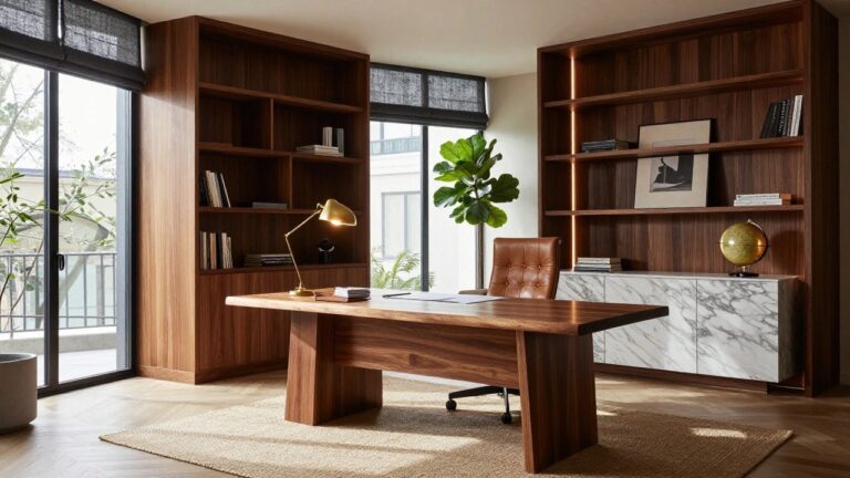 22 Stunning Luxury Office Interior Ideas For A Powerful First Impression Modern home office with large rectangular wooden desk, two leather armchairs, swivel chair, wood-paneled walls and shelves holding art and globes, brass lamp, potted plant, and large windows with linen blinds.