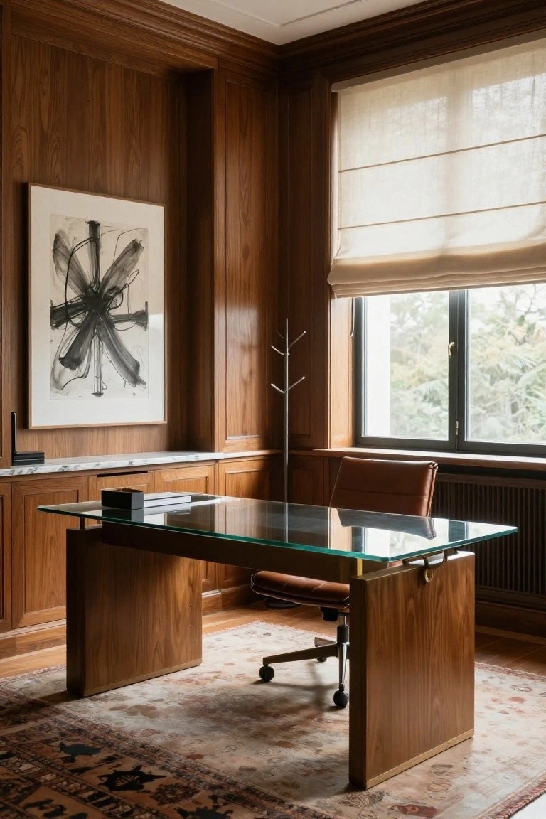 Wood-paneled office interior with a glass-top desk on wooden bases, tan leather chair, abstract ink drawing on wall, metal coat rack, marble counter, and window with sheer beige blinds.