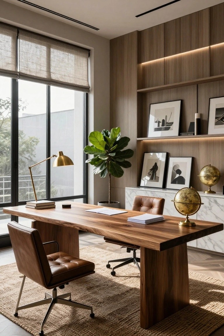 Modern home office with large rectangular wooden desk, two leather armchairs, swivel chair, wood-paneled walls and shelves holding art and globes, brass lamp, potted plant, and large windows with linen blinds.