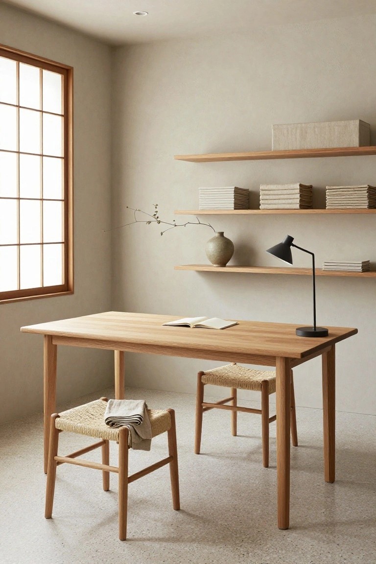 A minimalist beige home office featuring a light oak rectangular desk with two rush-seated oak chairs, wooden wall shelves holding stacked books and a vase, a black desk lamp, and a large grid window.
