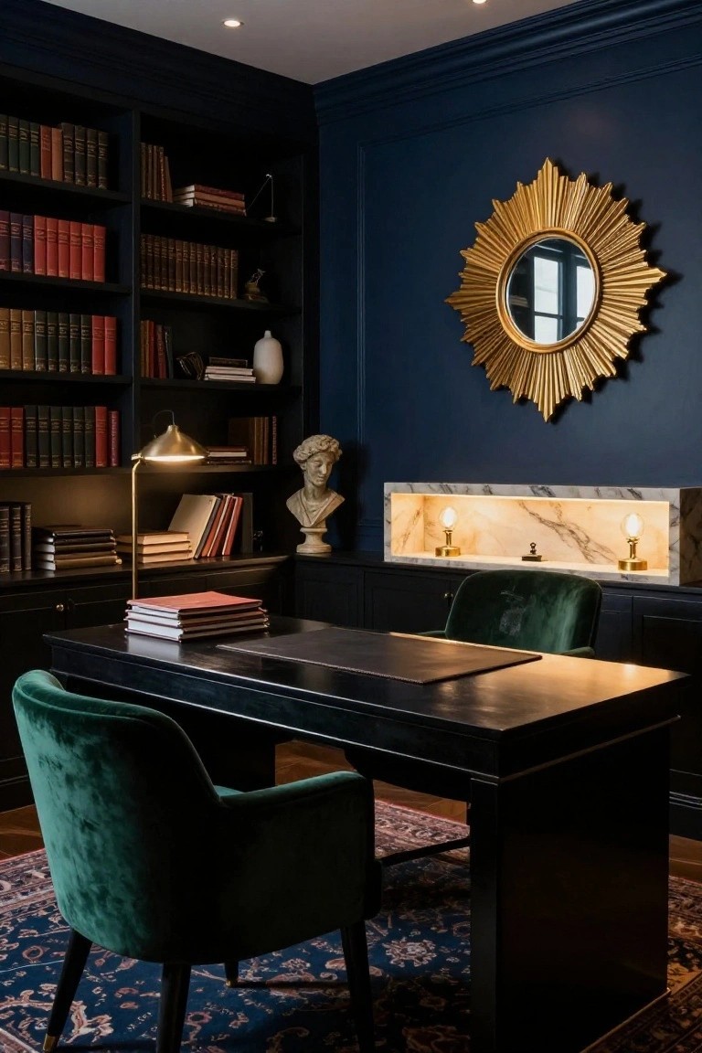 A luxury home office featuring navy blue paneled walls, tall black bookshelves filled with books, a black desk with green velvet armchairs, a gold sunburst mirror, a white marble niche with gold lamps, and a classical bust sculpture.
