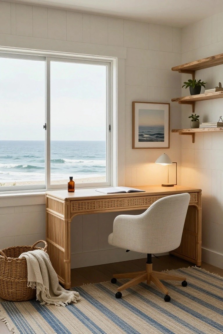A bright white home office with rattan desk and white upholstered chair by a large open window overlooking beach and ocean waves, wooden floating shelves holding plants and books, desk lamp, and striped rug on floor.