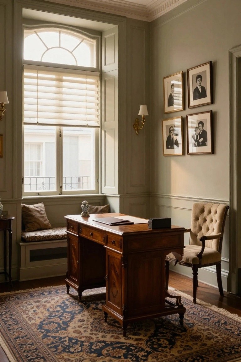 Sage green home office interior with wooden pedestal desk by a large window with blinds, tufted armchair, window seat cushions, framed black-and-white portraits on walls, and patterned rug on wood floor.