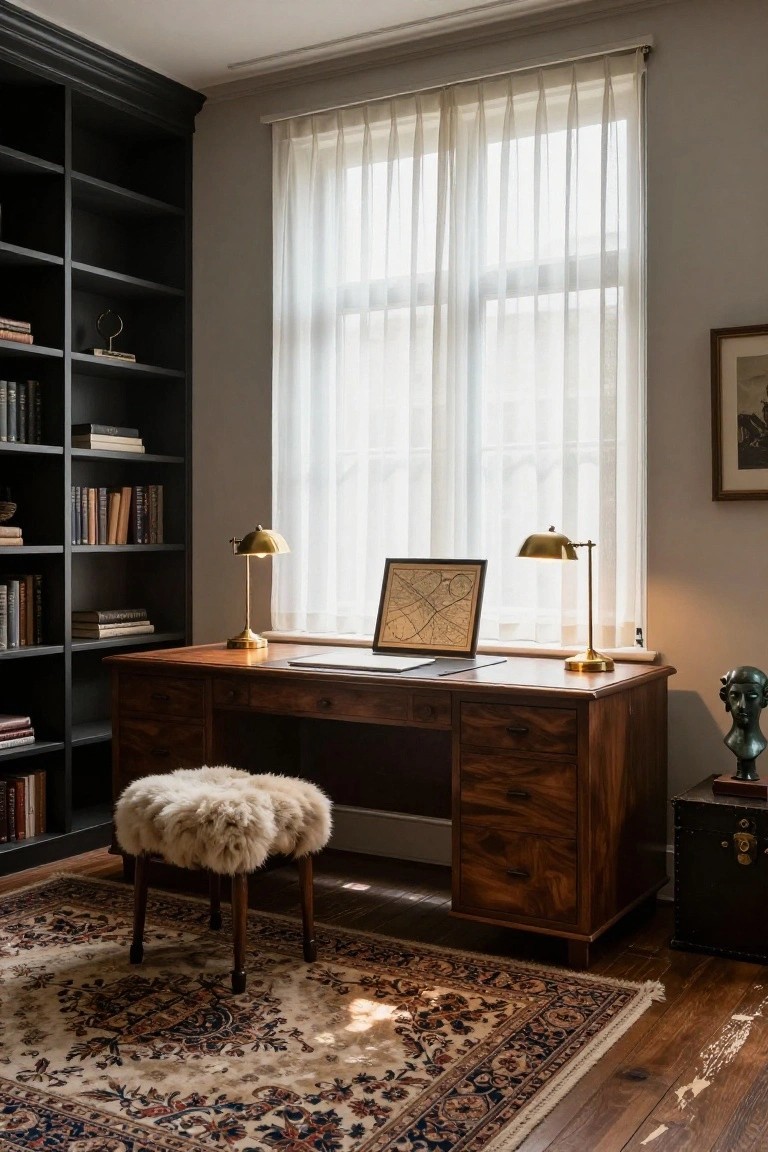 Home office interior with black built-in bookshelves, wooden desk holding a laptop and antique map flanked by two brass dome lamps, white sheepskin pouf stool, bronze bust, and Persian rug on wood floor.