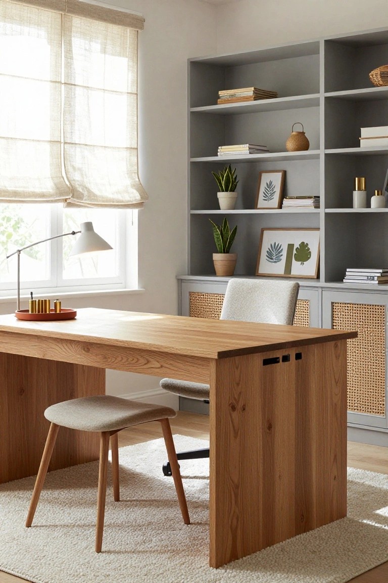 A home office with a large light oak desk featuring rattan-front cabinets, a cushioned stool, swivel chair, adjustable lamp, gray bookshelves holding books plants and ceramics, and linen curtains at the window.