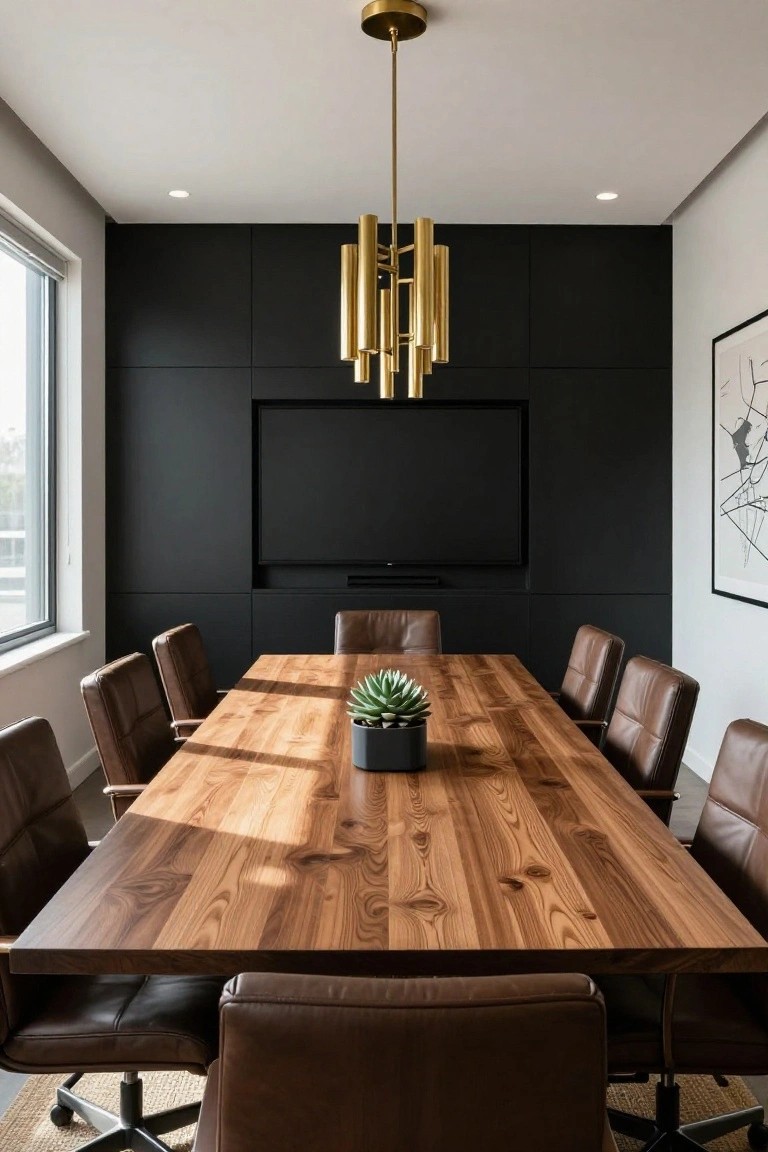 Modern conference room featuring a long rectangular walnut wood table with visible grain, surrounded by brown leather swivel chairs, a matte black accent wall with recessed flat-screen TV, gold multi-arm chandelier above, potted succulent centerpiece, and large window on one side.