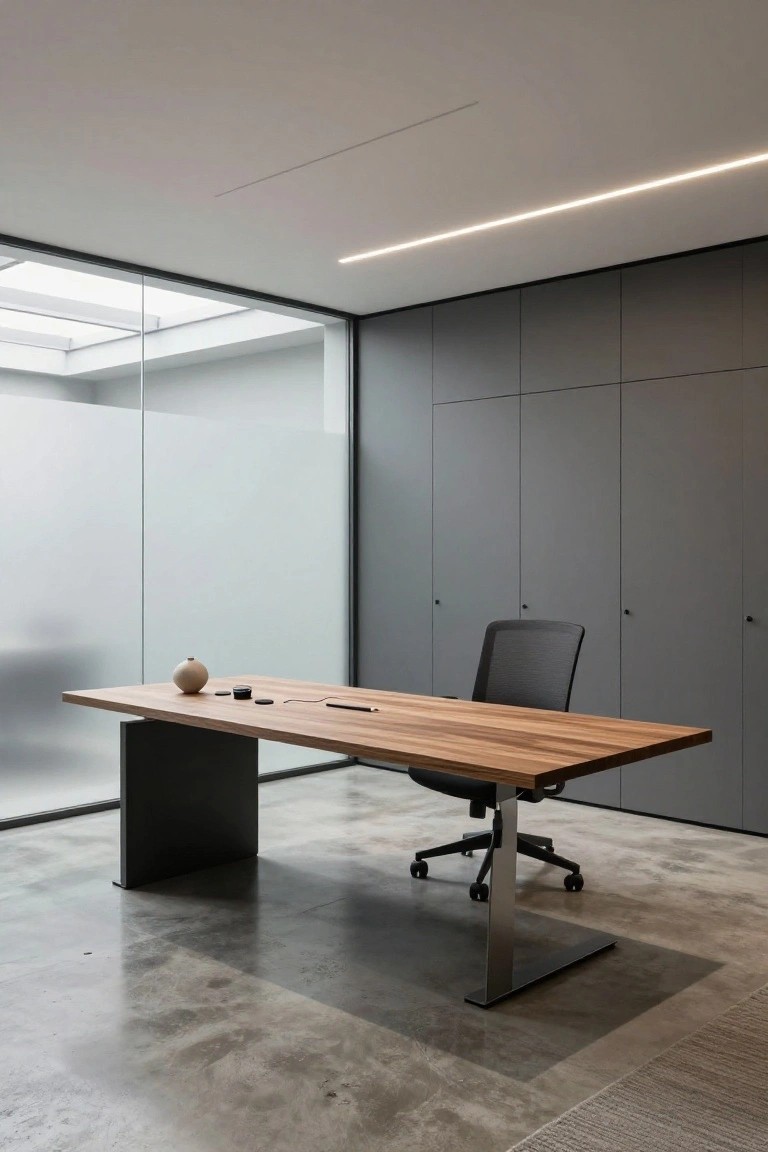 Modern office with a rectangular oak wood desk on black metal cantilevered legs, black mesh ergonomic chair, small beige vase and black accessories on the desk, frosted glass walls, gray built-in cabinets, polished concrete floor, and linear ceiling lights.