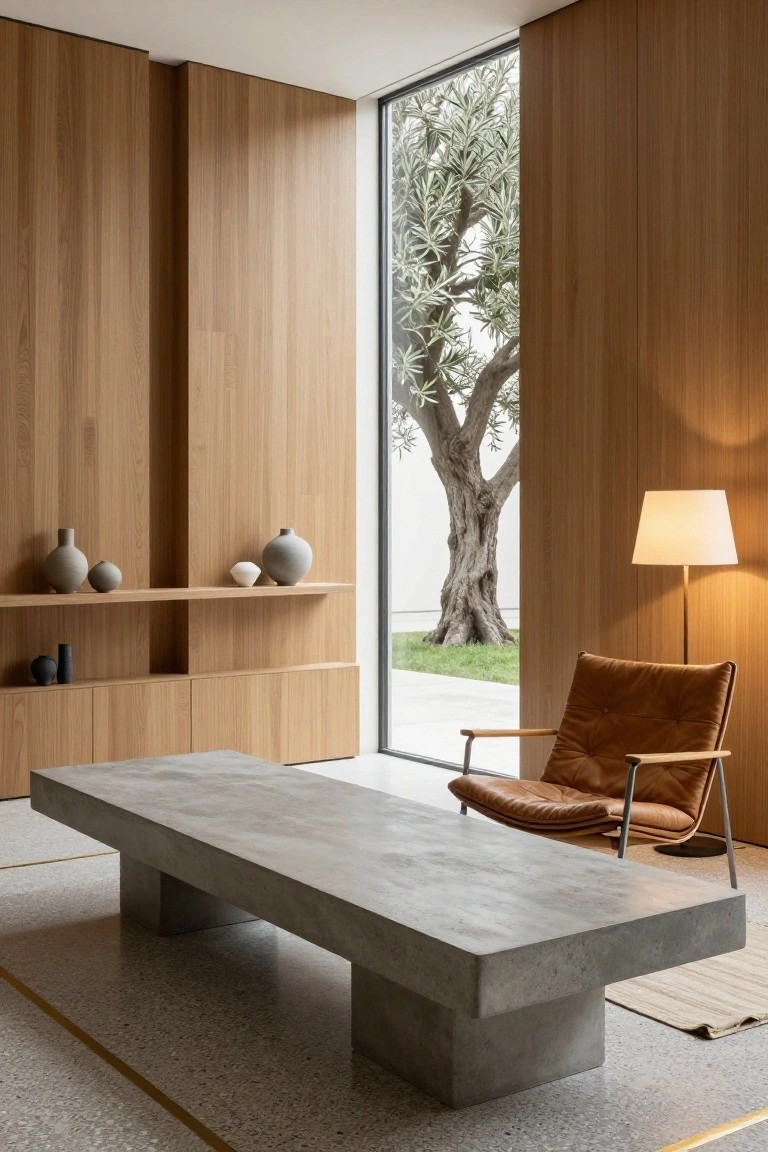 Minimalist office interior with tall vertical oak wood paneling, built-in shelves holding gray ceramic vases, low rectangular concrete table, tan leather armchair with wooden frame, floor lamp, and floor-to-ceiling window showing olive tree and grass outside.