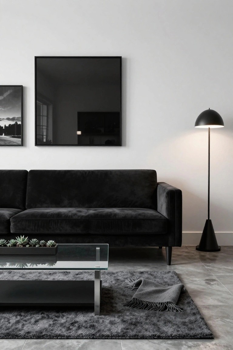 Modern living room with black velvet L-shaped sofa, clear glass coffee table holding black planters with succulents, tall black floor lamp, two black-framed pictures on white wall, and gray shag rug on light gray tiled floor.