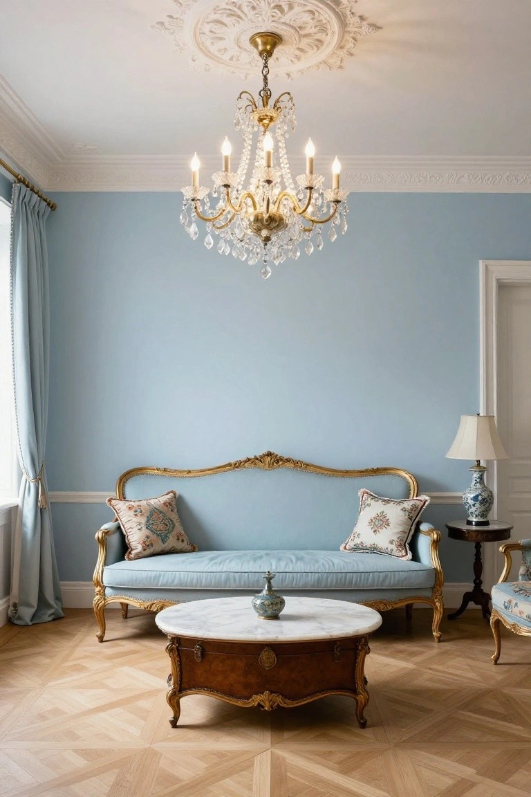 Light blue curved sofa with ornate gold frame and patterned pillows centered in a pale blue room with chandelier, marble-top table, lamps, and parquet floor.