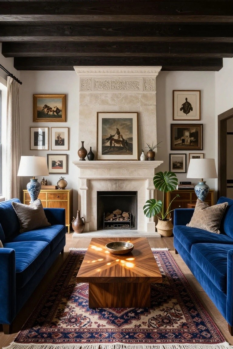 Living room with two blue velvet sofas facing each other across a wooden coffee table on a Persian rug, in front of a beige stone fireplace flanked by artwork and lamps.