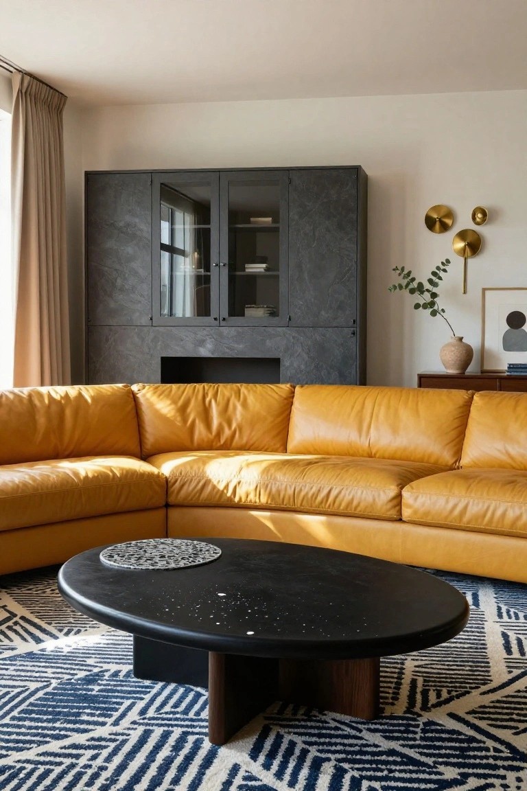 Modern living room with bright yellow L-shaped leather sofa, black oval coffee table on blue and white geometric rug, dark gray glass-door cabinet, gold wall sconces, potted plant, and beige curtains.