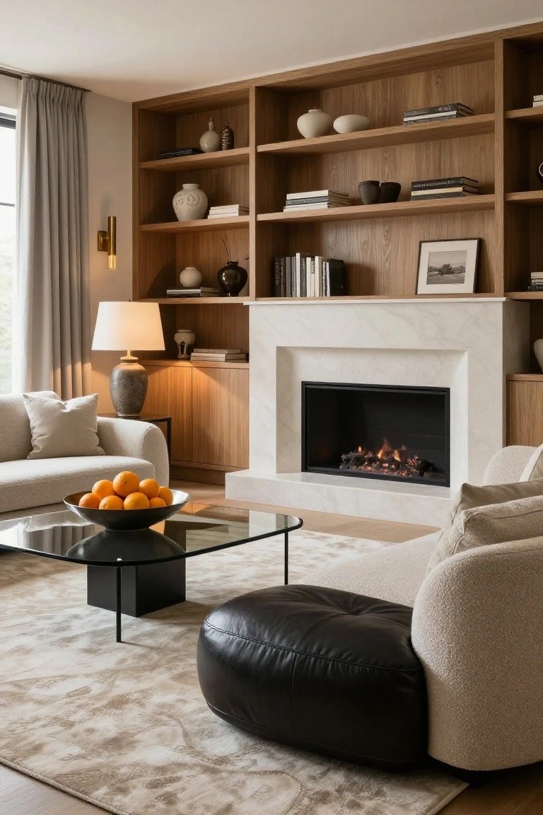Modern living room with curved cream fabric sofas, black leather pouf, glass coffee table with oranges, marble fireplace with gas flames, and wooden built-in bookshelves.