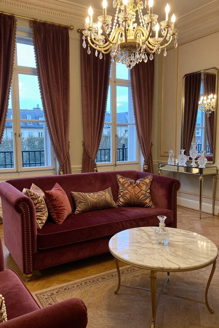 A luxurious living room with a deep burgundy velvet tufted sofa, patterned pillows, marble coffee table, crystal chandelier, gold accents, and tall windows with matching drapes.