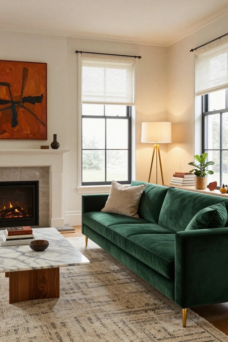 A living room corner with a large green velvet L-shaped sofa, marble-topped wood coffee table, gas fireplace, tripod floor lamp, potted plant, and windows with sheer shades.