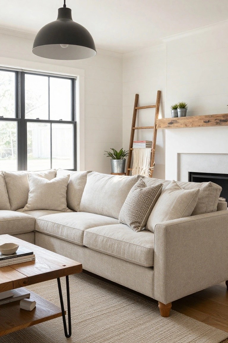 A light beige L-shaped sectional sofa with pillows in a white living room featuring large black-framed windows, a wood mantel fireplace, ladder shelf with plants, and a rustic hairpin-leg coffee table on a beige rug.