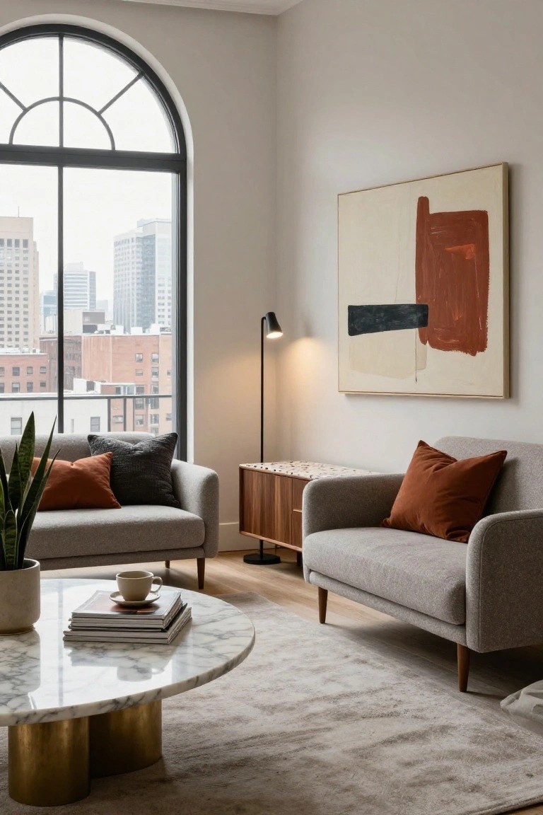 Light gray fabric loveseats facing each other across a round white marble coffee table with brass legs in a bright living room corner with arched window showing city skyline, abstract wall art, potted snake plant, and floor lamp.